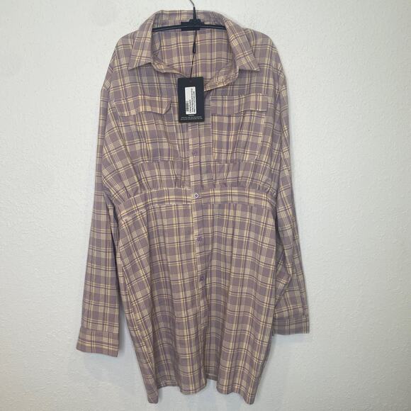 Pretty Little Thing Plaid Long Sleeve Button Down Lilac Shirt Dress NWT Sz 16 - Picture 1 of 15